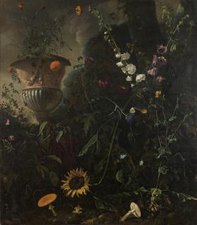 Matthias Withoos - A forest floor with hollyhocks, roses, blue-lace flowers, a sunflower and toadstools, with marigolds in an urn beyond