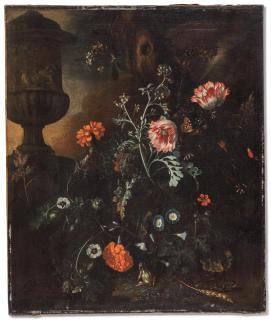 Matthias Withoos - A forest floor with various plants and flowers, a frog, a grasshopper and butterflies, before a tree and a classical vase with a satyr on a pedestal