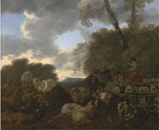 Matthias Withoos - An Italianate landscape with a herdsman with his flock and donkey and a woman on a horse