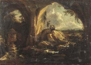 Matthias Withoos - Interno di grotta con vaso antico e rovine, e tre pellegrini seduti all\'entrata