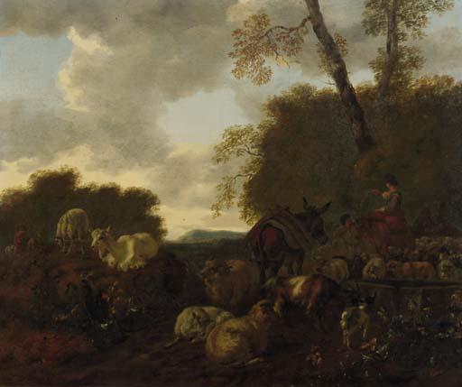 Matthias Withoos - Shepherds and their flock by a well in an Italianate landscape
