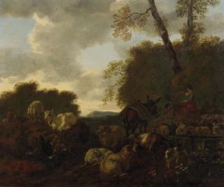 Matthias Withoos - Shepherds and their flock by a well in an Italianate landscape