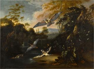 Matthias Withoos - Wooded landscape with ducks chased by a bird of prey
