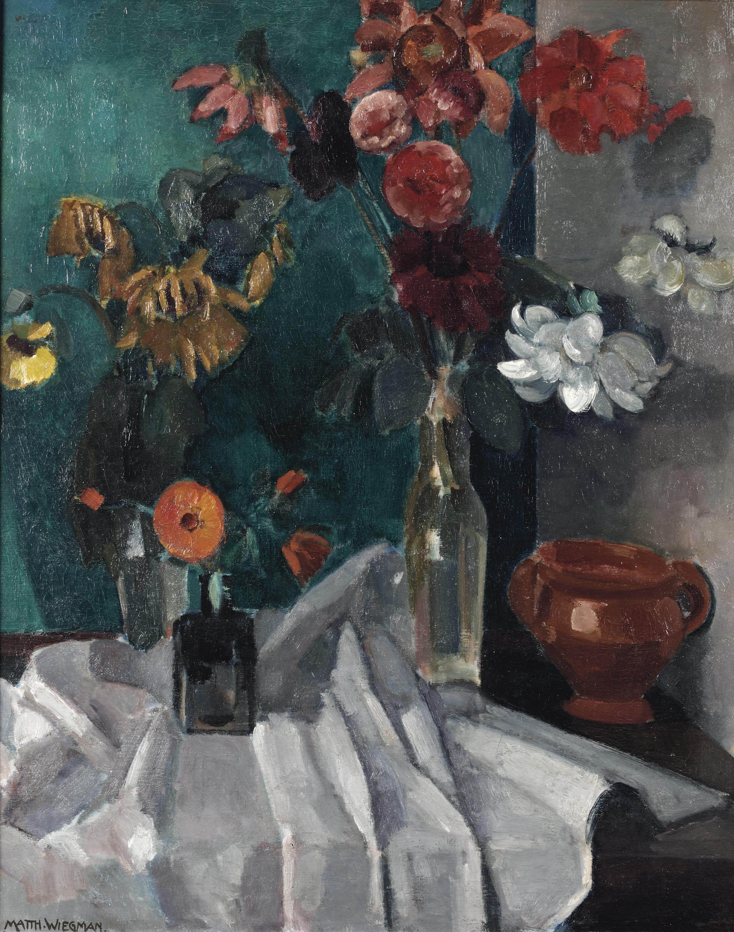 Matthieu Wiegman - A still life with flowers in vases