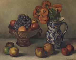 Matthieu Wiegman - A still life with fruits in a bowl and orange flowers in a ceramic jug