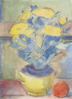 Matthieu Wiegman - Yellow Flowers In A Pot And An Orange On A Ledge