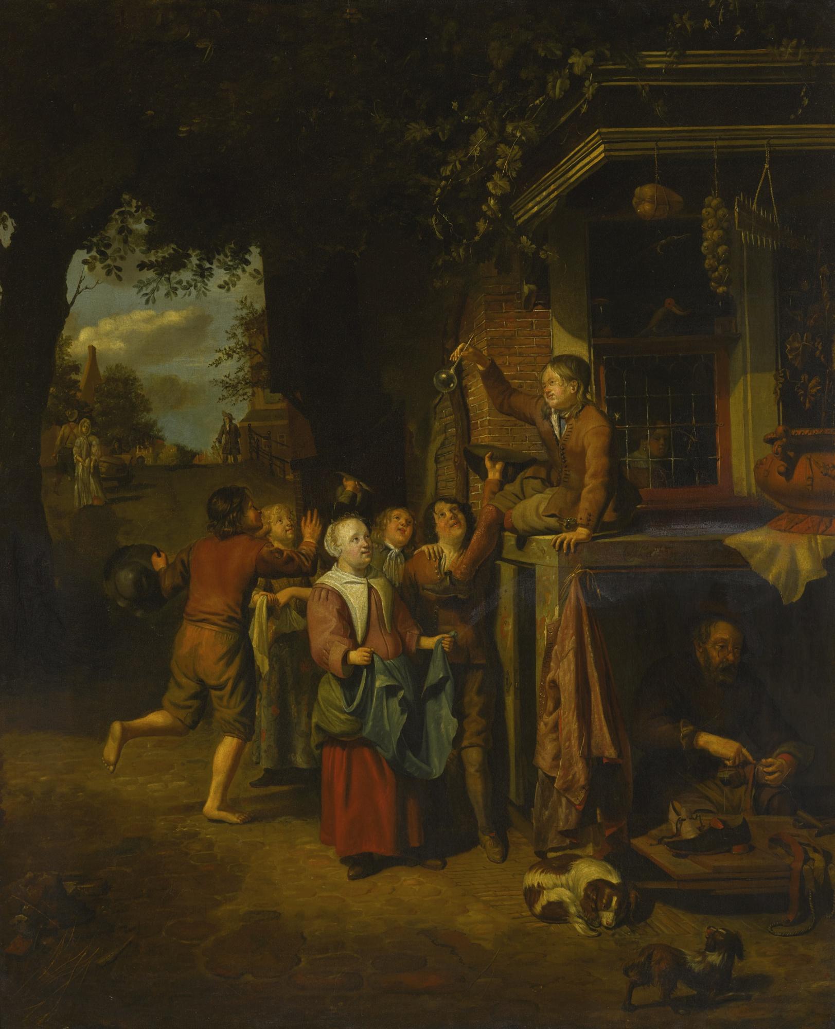 Matthijs Naiveu - Children Playing In A Street Outside A Cobbler\'S Shop