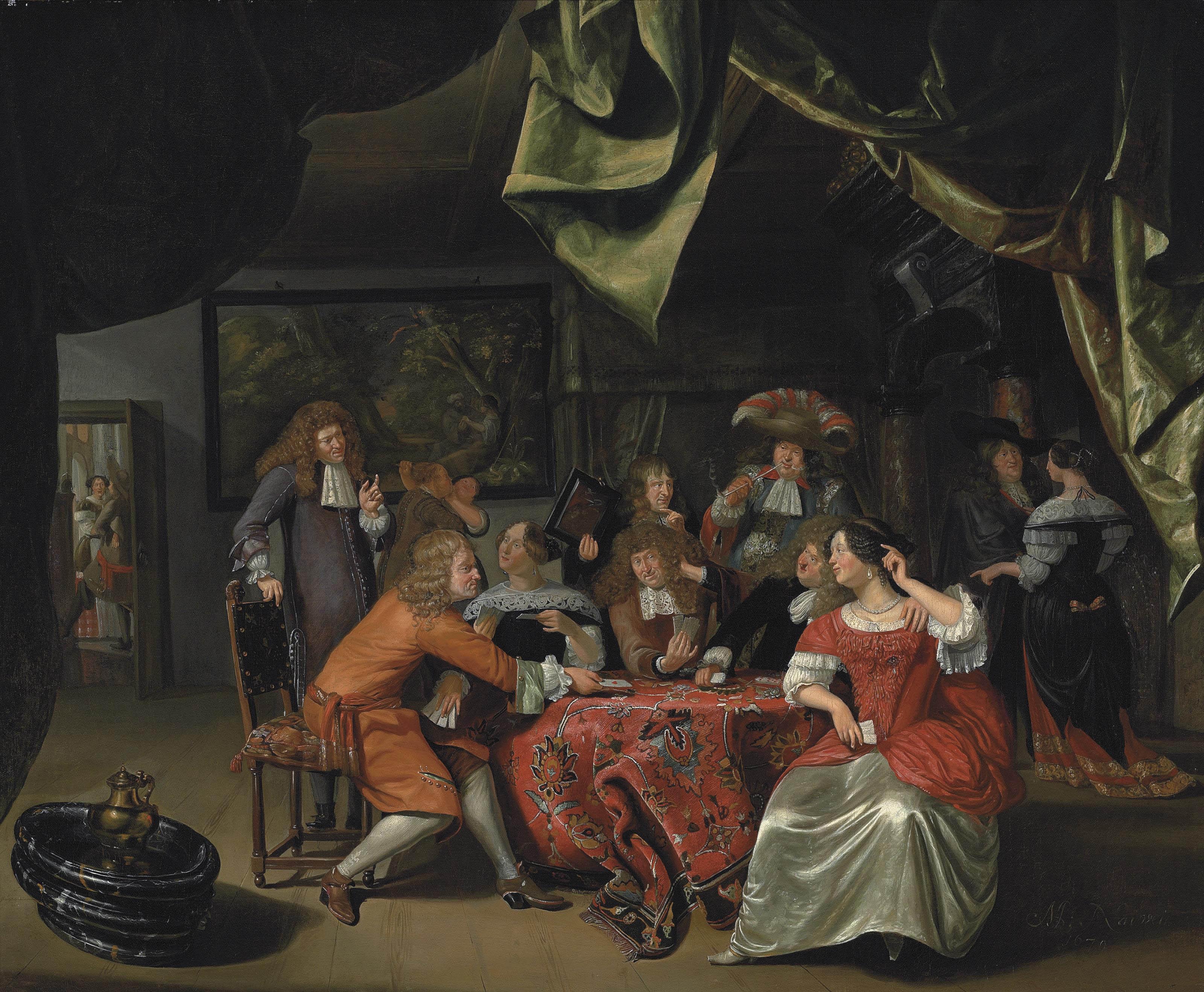 Matthijs Naiveu - Elegantly dressed figures playing cards at a draped table in an interior