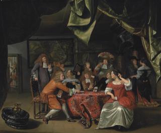 Matthijs Naiveu - Elegantly dressed figures playing cards at a draped table in an interior