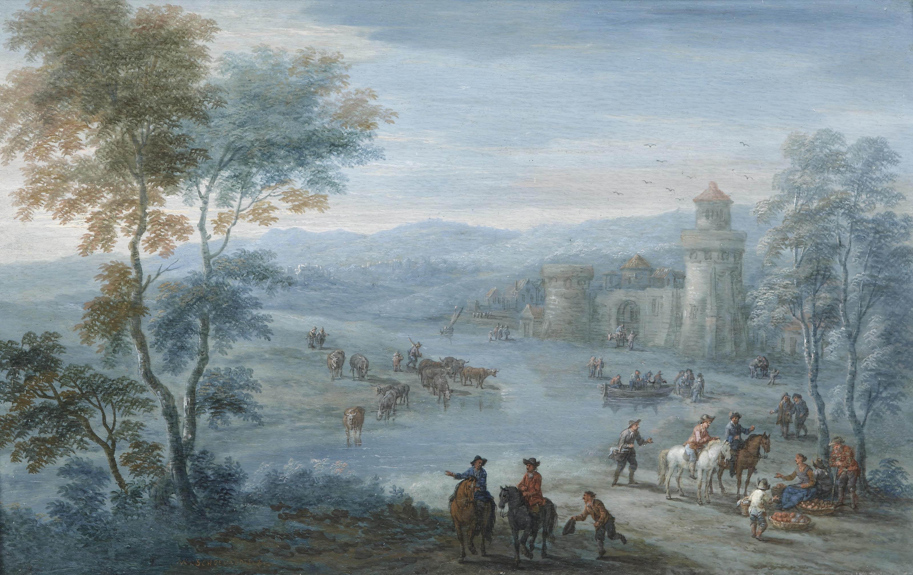 Matthijs Schoevaerdts - A river landscape with figures on horseback and cattle outside a walled town