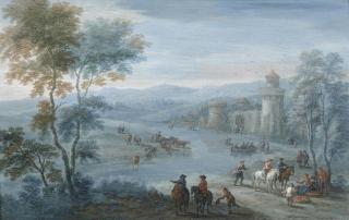 Matthijs Schoevaerdts - A river landscape with figures on horseback and cattle outside a walled town