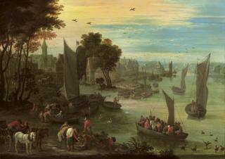 Matthijs Schoevaerdts - A river landscape with numerous figures in sailing boats, fishermen gathered around their catch in the foreground, a town beyond