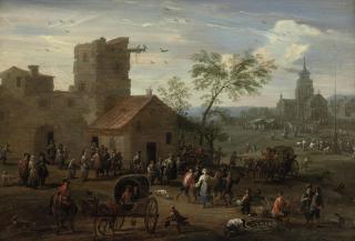Matthijs Schoevaerdts - A village \'kermesse\' with figures making merry, archers playing a game beyond