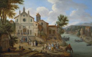 Matthijs Schoevaerdts - Paysage Fluvial Animé De Personnages, Une Église Sur La Gauche