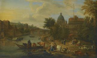 Matthijs Schoevaerdts - Rome: A Capriccio View Of The Tiber With The Castel Sant\'Angelo, Peasants With Their Cattle On The River Banks