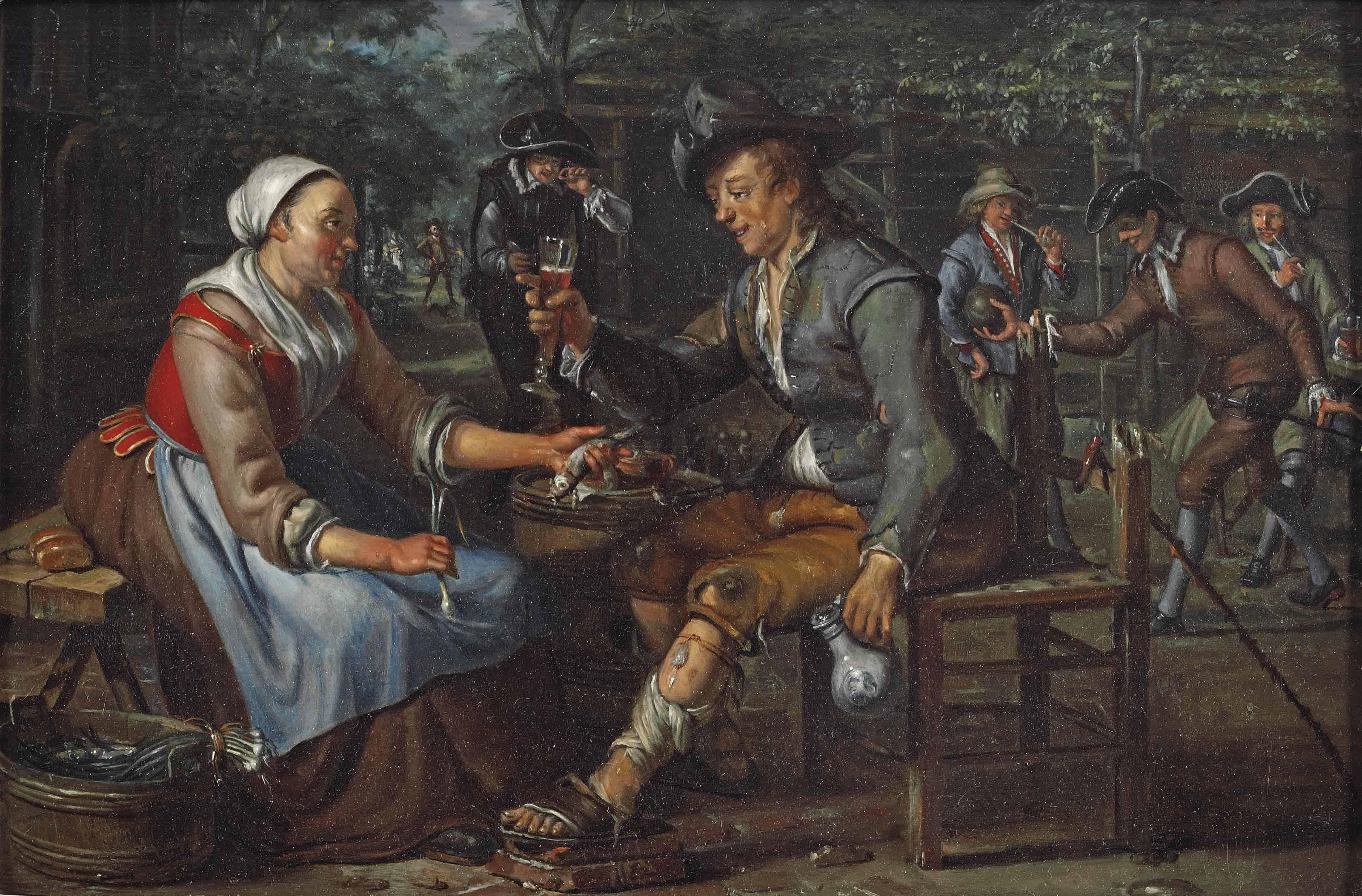 Matthys Naiveu - A woman offering an onion and herring to a young man holding a glass of beer, others smoking and playing skittles behind them