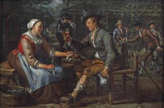 Matthys Naiveu - A woman offering an onion and herring to a young man holding a glass of beer, others smoking and playing skittles behind them