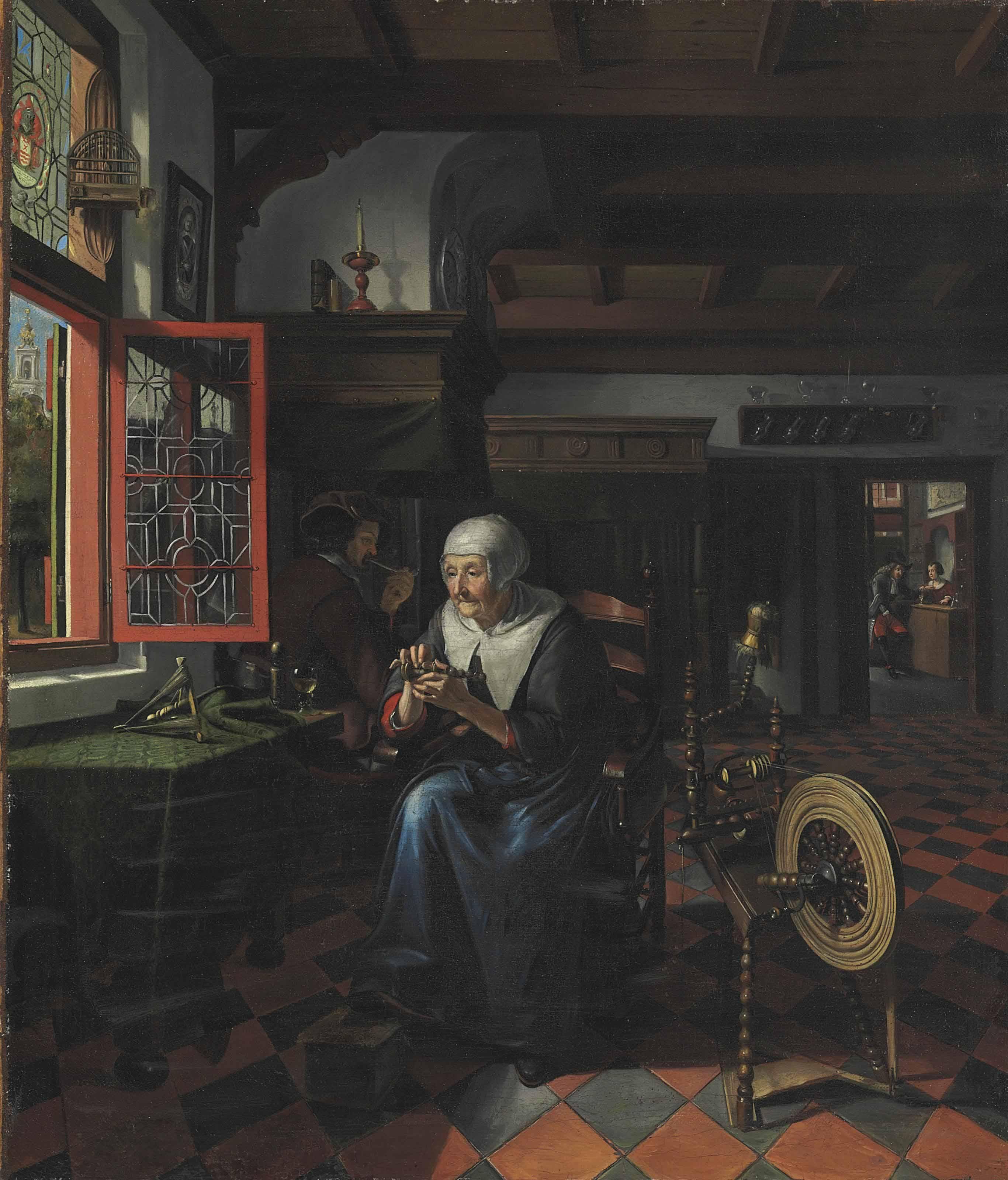 Matthys Naiveu - Interior With A Gentleman Smoking A Pipe And An Old Woman At Her Spinning Wheel