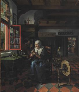 Matthys Naiveu - Interior With A Gentleman Smoking A Pipe And An Old Woman At Her Spinning Wheel