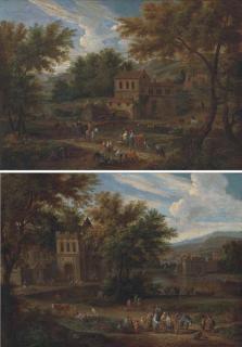 Matthys Schoevaerts - A river landscape with gentlemen and peasants on a path by a castle; and A river landscape with peasants on a path by a cottage