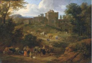 Matthys Schoevaerts - An Italianate landscape with travellers on a hilly path near a villa