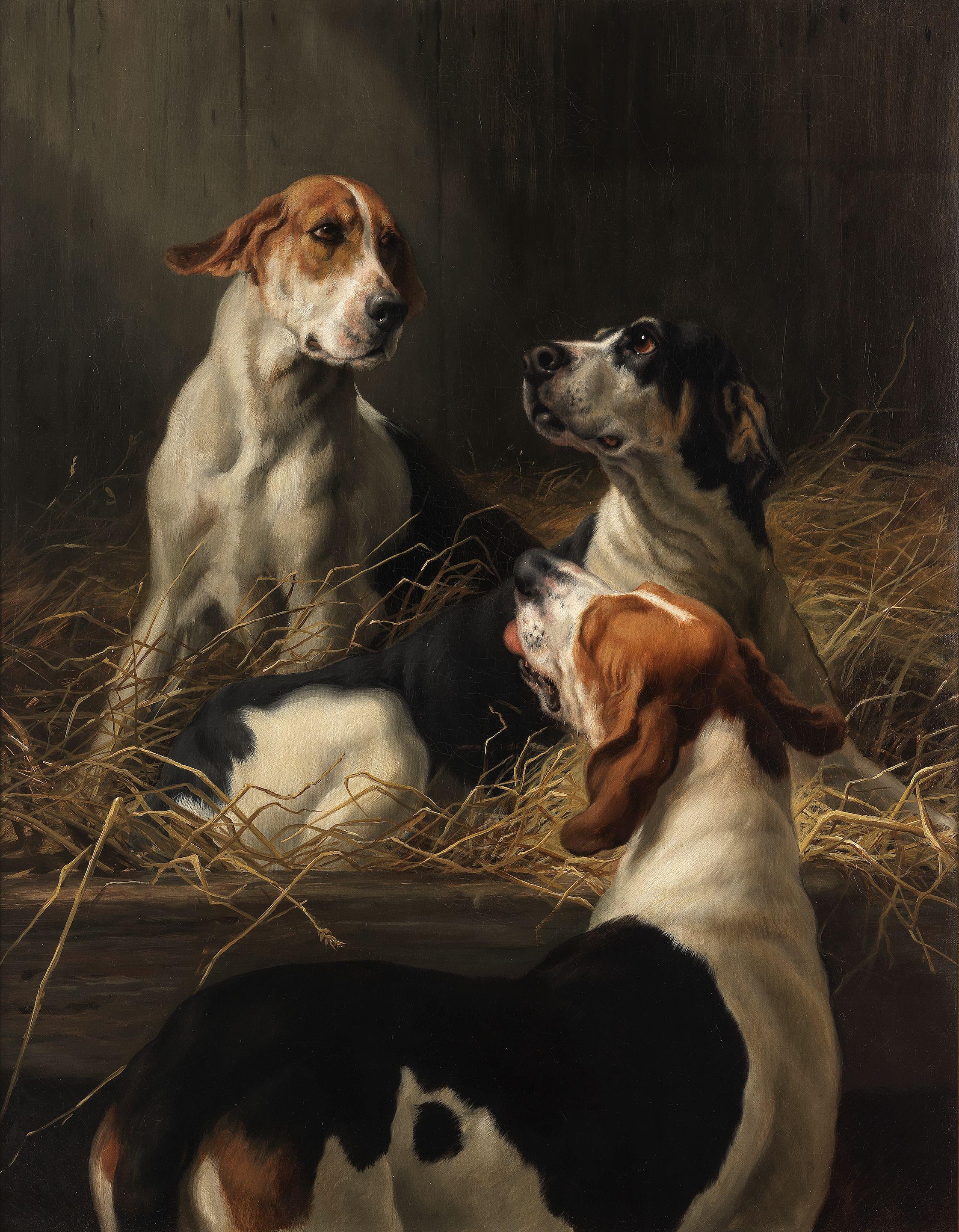 Maud Earl - Three Foxhounds In An Interior