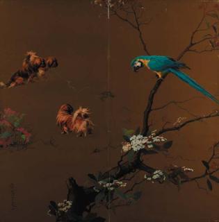 Maud Earl - Three pekingese with a macaw