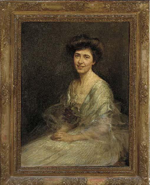 Maud Hall Neale - Portrait of Hester Wade, seated three-quarter-length, in a pale blue dress with flowers at her corsage