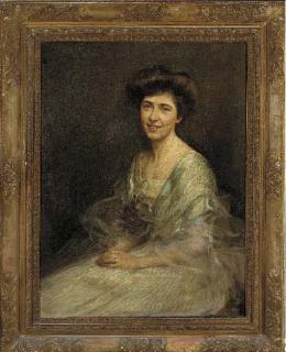 Maud Hall Neale - Portrait of Hester Wade, seated three-quarter-length, in a pale blue dress with flowers at her corsage