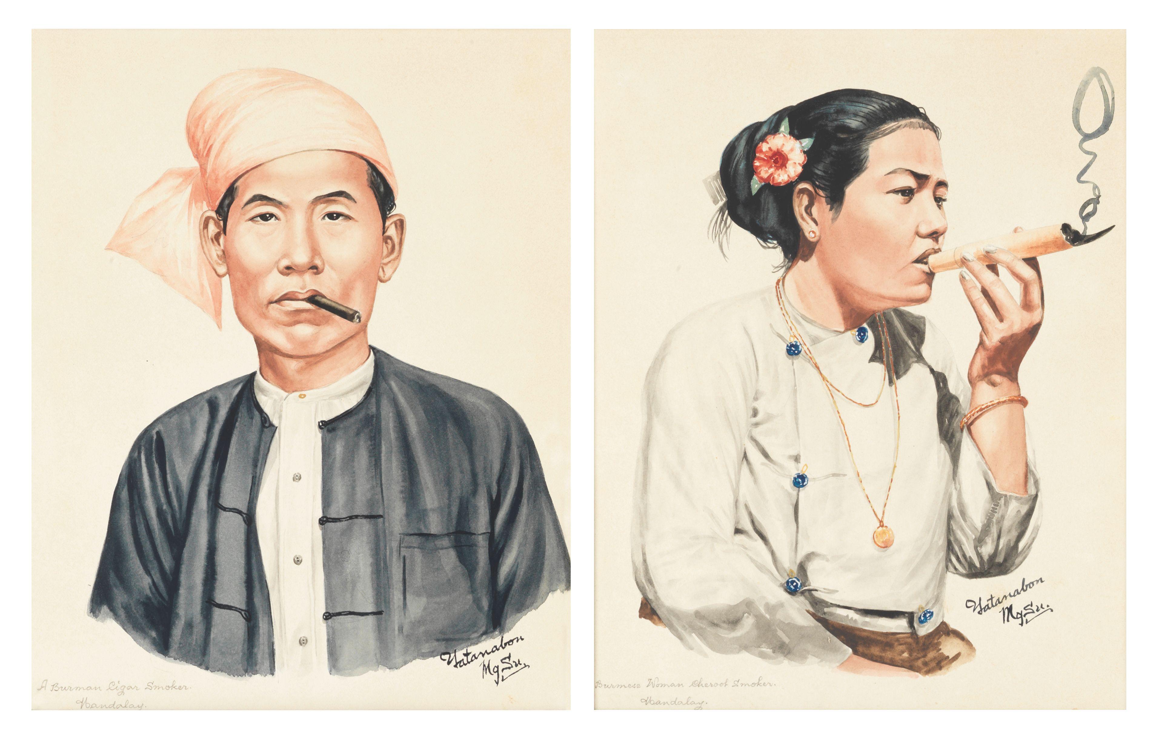 Maung Su Yatanabon - A set of four portrait studies of Burmese sitters including a cigar smoker and cheroot smoker, a priest and a priestess each 32 x 25.1cm (12 5/8 x 9 7/8in). (4) all mounted but unframed