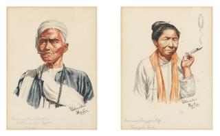 Maung Su Yatanabon - Four portraits of Burmese sitters including a priest, elderly woman, and a smoking man and woman