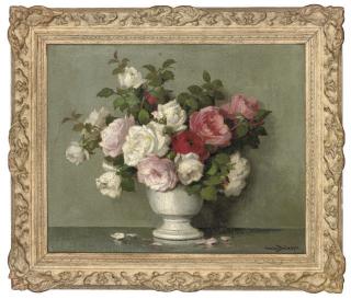 Maurice Alfred Décamps - Pink and white roses in a vase