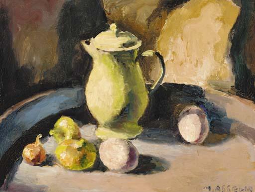 Maurice Asselin - Still life of eggs, vegetables and a coffee pot