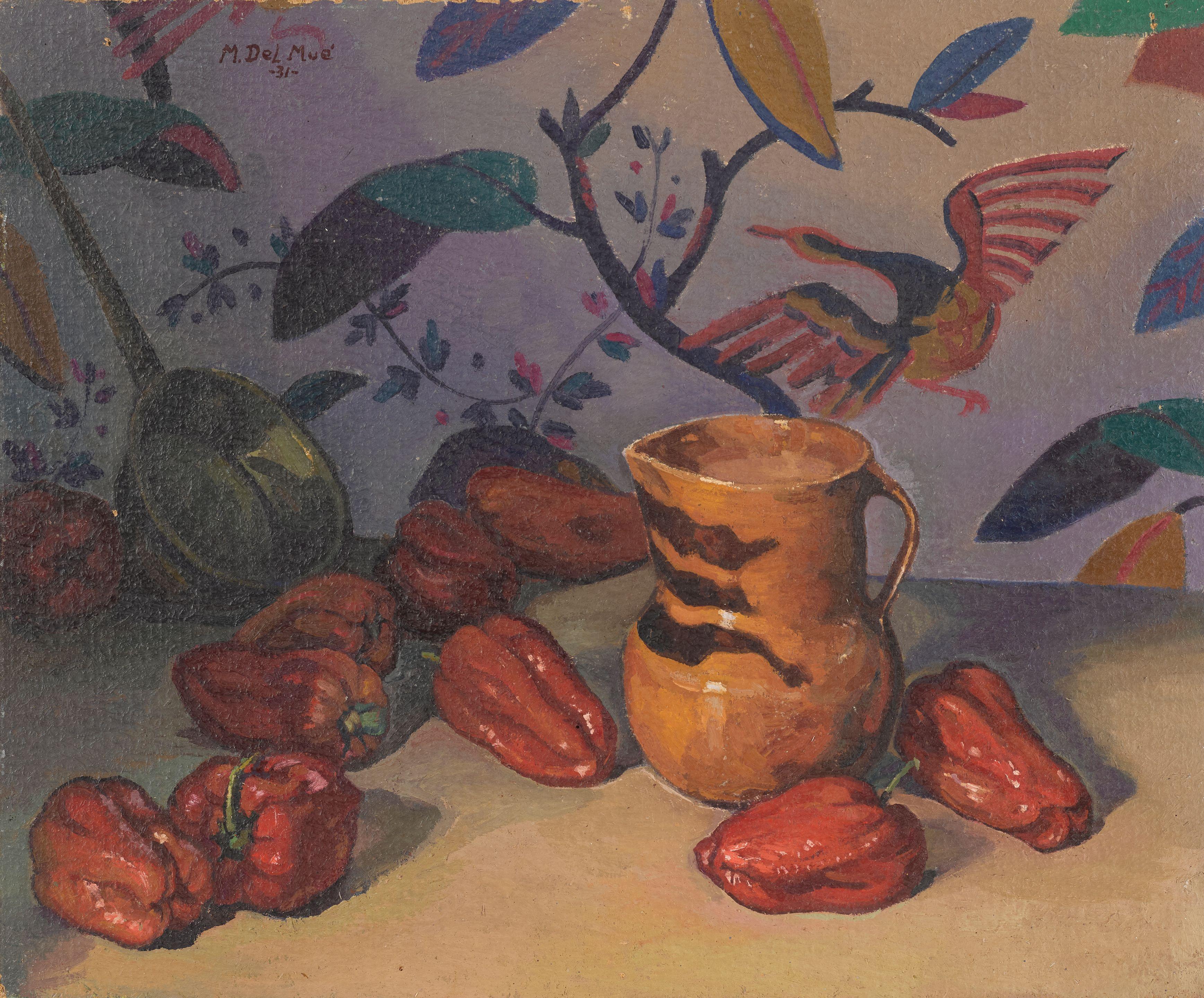Maurice August Del Mue - Still life with peppers and a ceramic pitcher