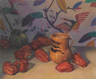 Maurice August Del Mue - Still life with peppers and a ceramic pitcher