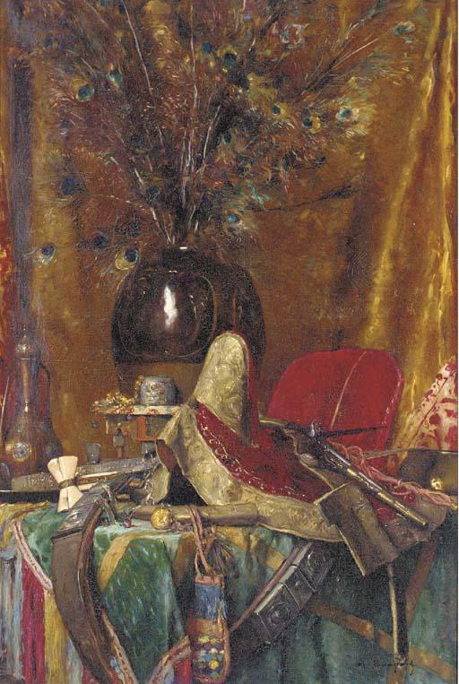 Maurice Bompard - A vase of peacock feathers, assorted swords, a pistol, a saddle and other orientalist objects on a table
