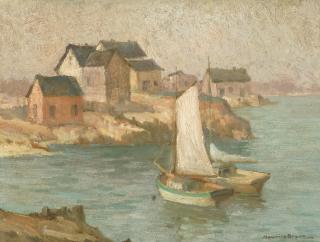 Maurice Braun - Two sailboats by a fishing village 12 x 16 in. framed 17 x 21 in.