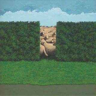 Maurice Cockrill, R.A. - Sheep behind a hedge
