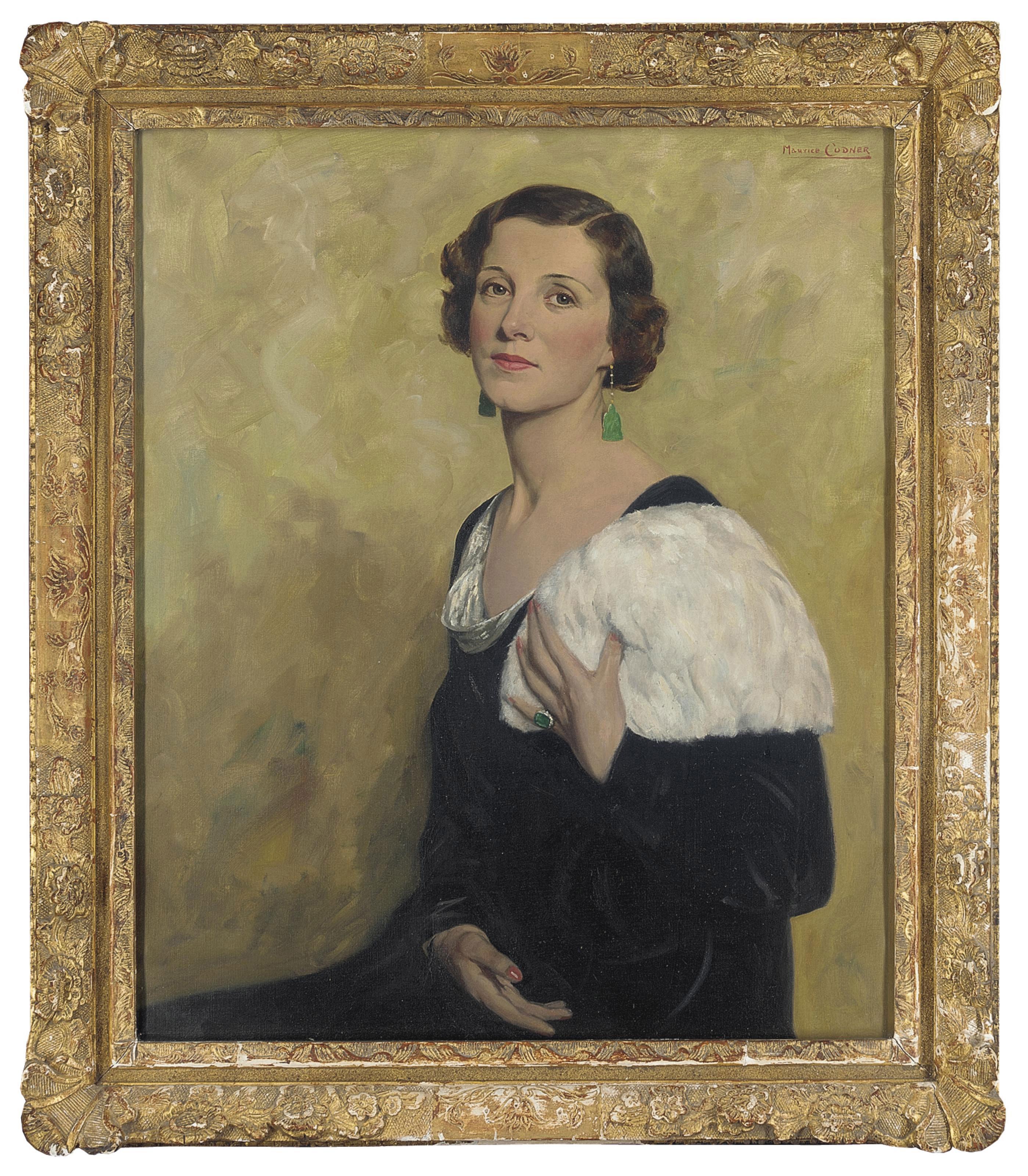 Maurice Codner - Portrait of Mrs. Dorothy Martin, half-length, in a black dress, ermine stole and jade earrings