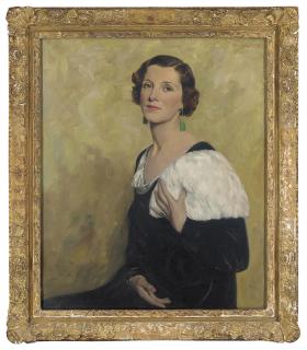 Maurice Codner - Portrait of Mrs. Dorothy Martin, half-length, in a black dress, ermine stole and jade earrings