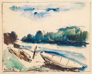 Maurice de Vlaminck - Barque au bord d\'un rivière 32 x 40cm (12 5/8 x 15 3/4in). (image size); 41.5 x 50.5cm (16 5/16 x 19 7/8in). (sheet size)