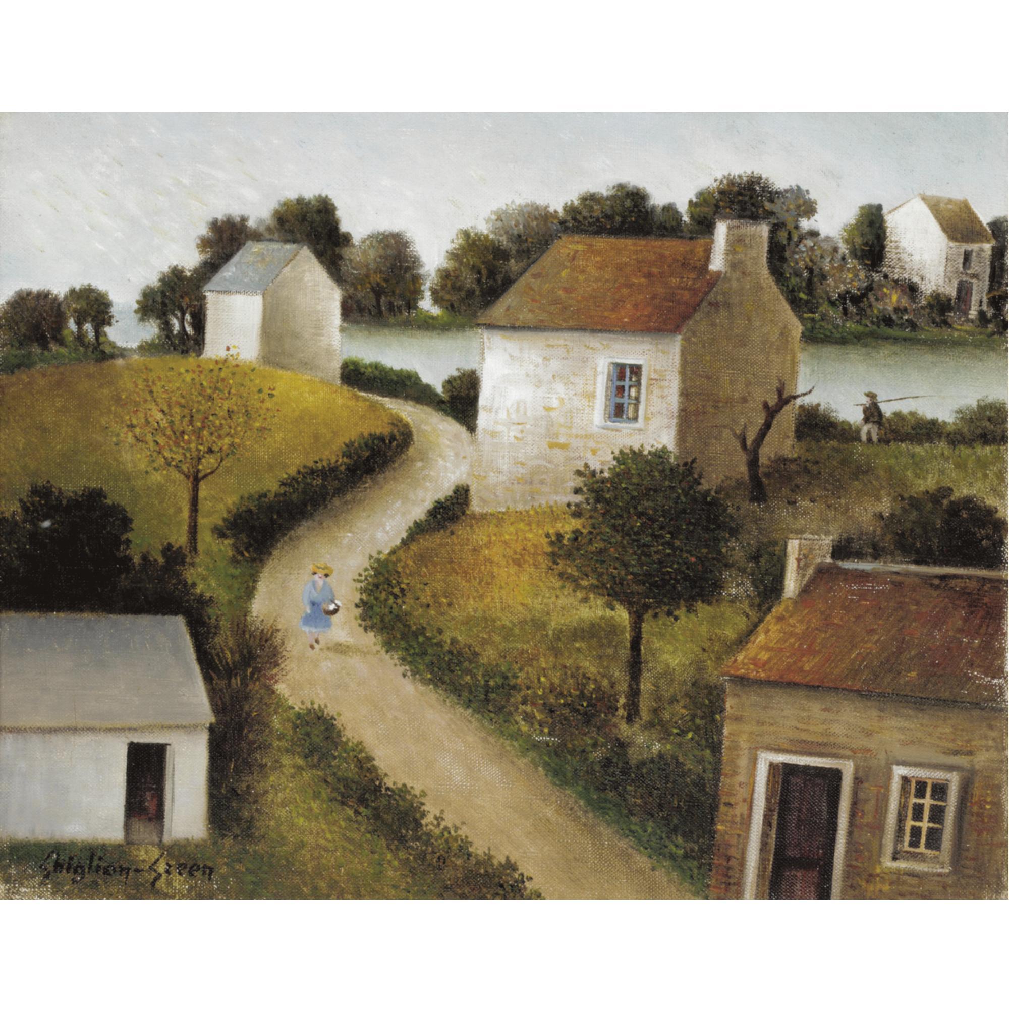 Maurice Ghiglion-Green - Paysage Au Personnage Bleu