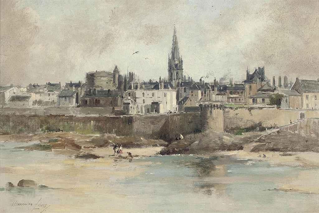 Maurice Levis - Figures shrimping before a French town