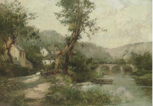 Maurice Levis - Houses Along The Banks of A River, A Bridge Beyond