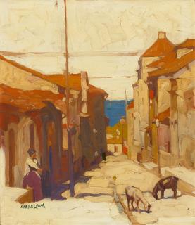 Maurice Logan - Figure in a Seaside Village 17 1/4 x 15 in. framed 22 1/2 x 20 1/2 in.