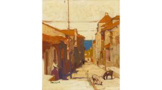 Maurice Logan - Figure in a Seaside Village 17 1/4 x 15 in. framed 22 1/2 x 20 1/2 in.