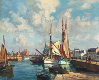 Maurice Menardeau - Boats and figures in a harbour