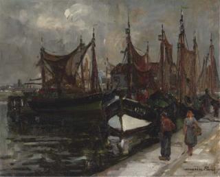 Maurice Paul - Fishing boats moored along a quay, Oostende