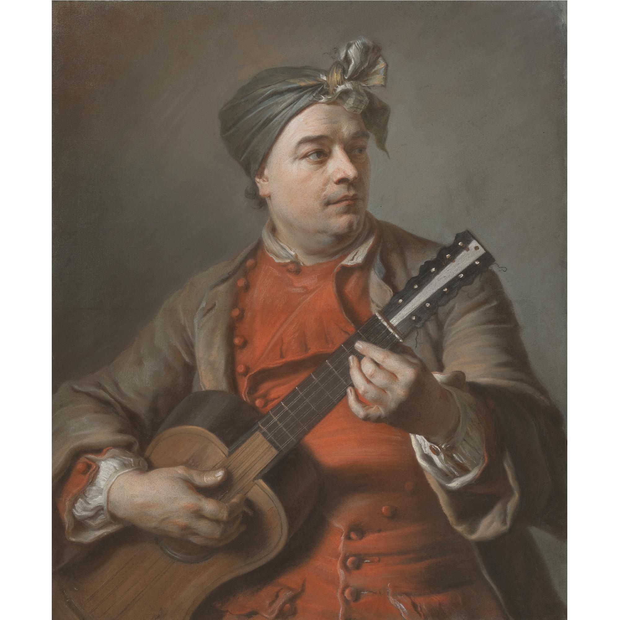 Maurice-Quentin de la Tour - Portrait Of Jacques Dumont Le Romain Playing The Guitar
