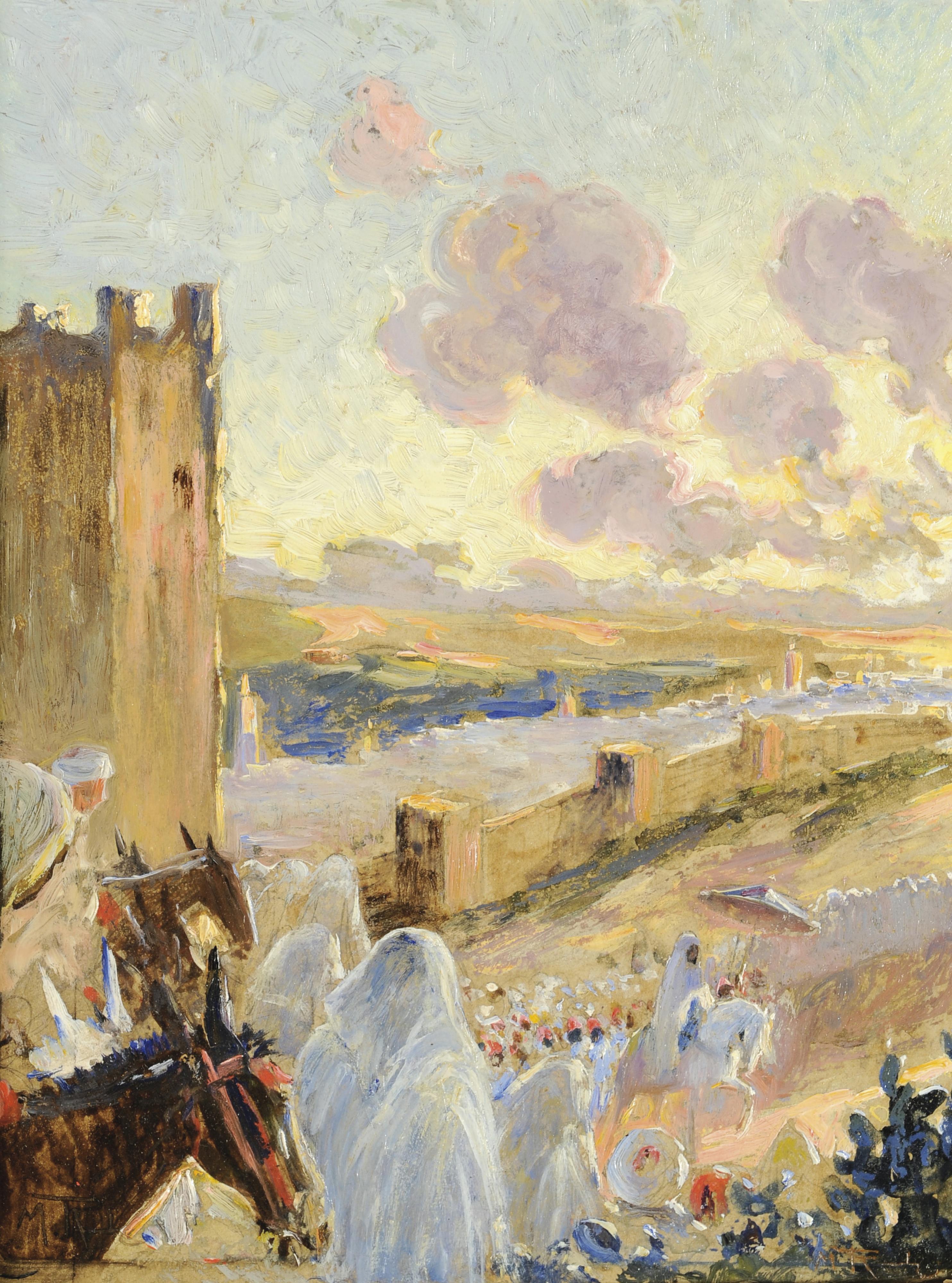 Maurice Romberg De Vaucorbeil - La Sortie Du Sultan, Probablement À Fès (Recto) Etude Pour Une Vue De Fès (Verso)Maurice Romberg De Vaucorbeil ; The Sultan Going Out ; Signed Lower Left And Lower Right ; Oil On Cardboard (Recto), Pencil On Cardboard (Verso)